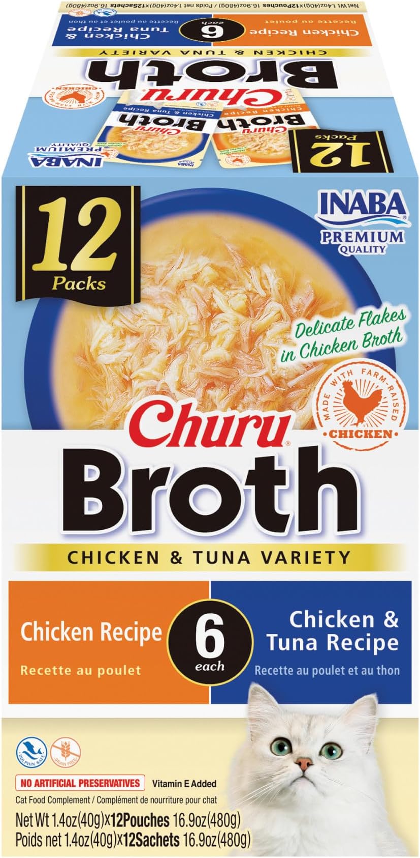 INABA Churu Broth for Cats, Side Dish Pouch, 1.4 Ounces per Pouch, 12 Pouches, Chicken and Tuna Variety