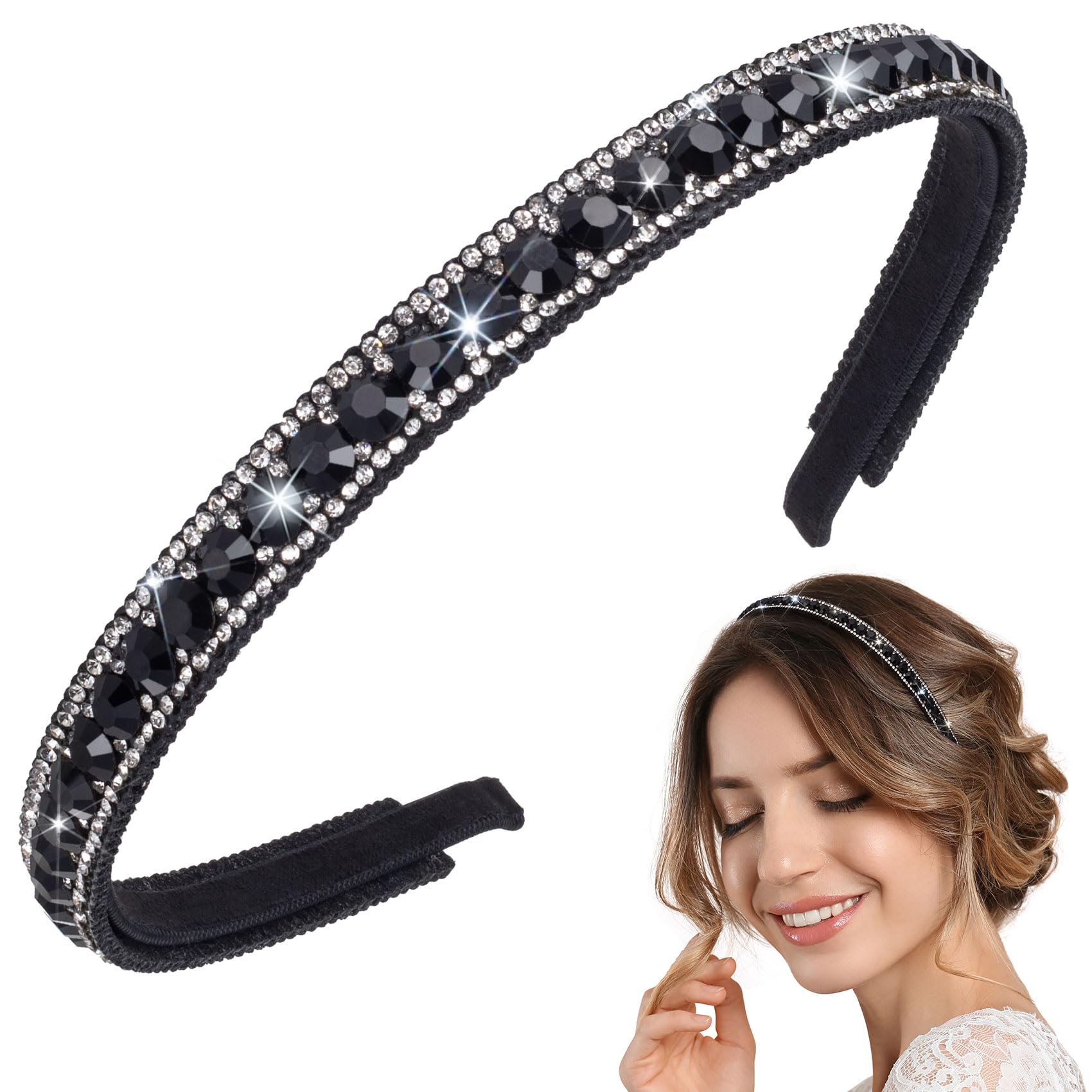 HINZIC Non-Slip Rhinestone Headbands for Women, Sparkling Crystal Hair Bands for Bridal Wedding, Bling Diamond Hair Styling Clips Accessories for