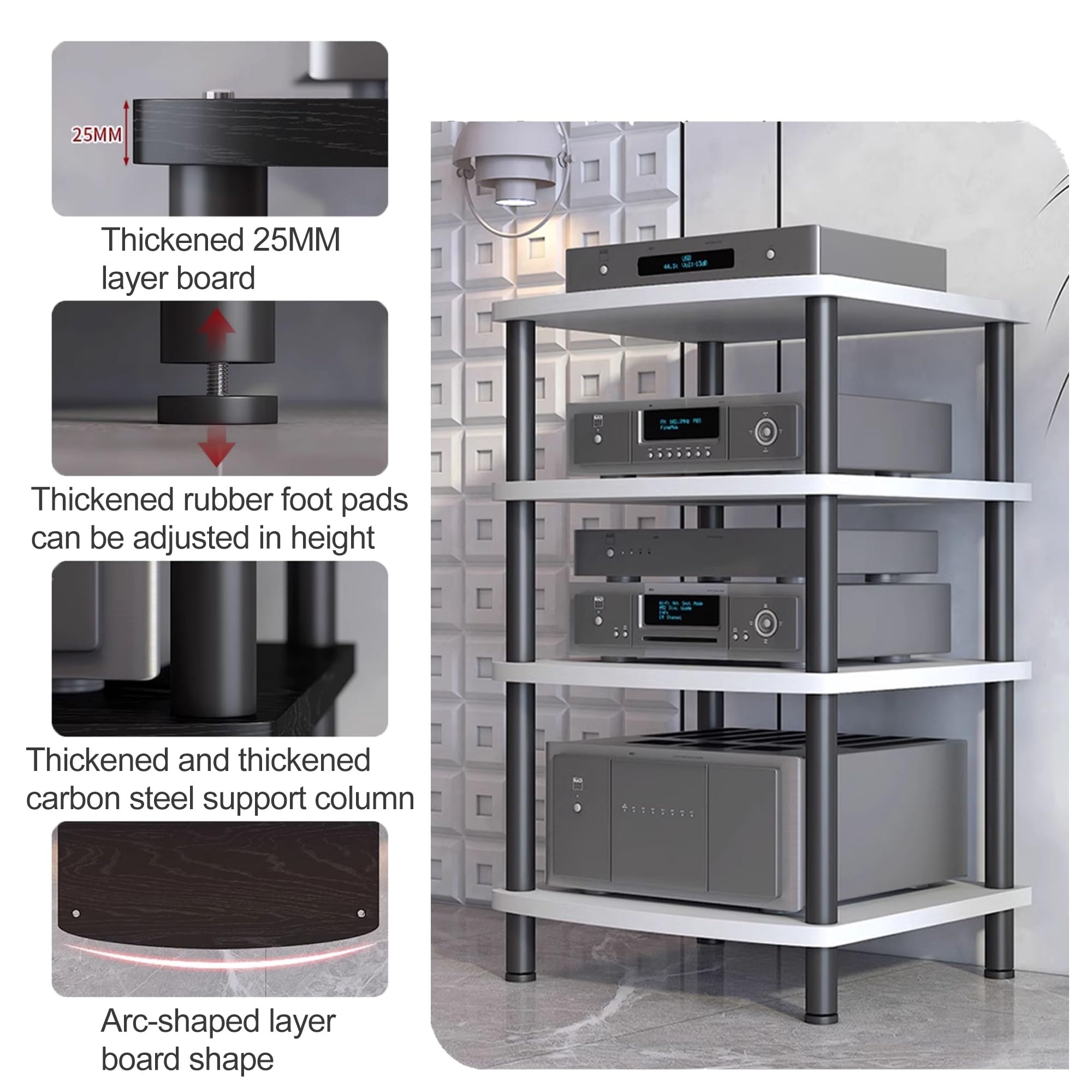 Mueble HiFi Soporte para Medios audiovisuales, gabinete para componentes Multimedia, Rack estéreo, Soporte para Tocadiscos para Salas de grabación, oficinas y teatros(Nero,44cm/17.3in)