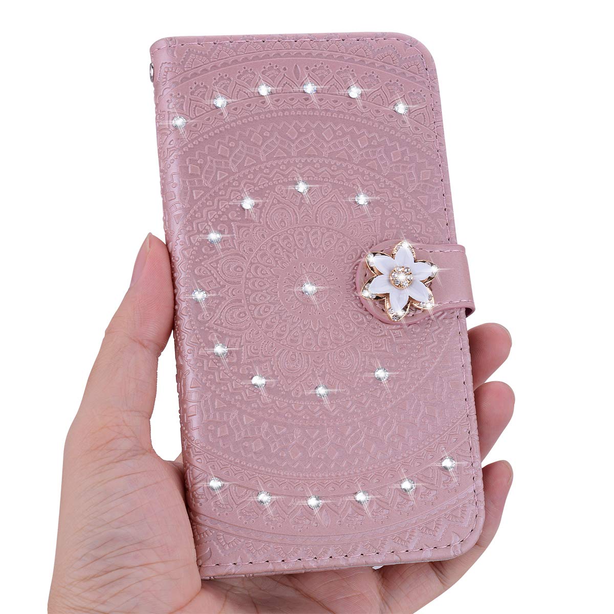 HMTECH Huawei Mate 20 PRO Custodia Cover Portafoglio,Huawei Mate 20 PRO Custodia Fiore di Mandala in Rilievo Wallet Shock-Absorption Magnetica Supporto Protettiva Leather Flip Cover,LD Mandala Black