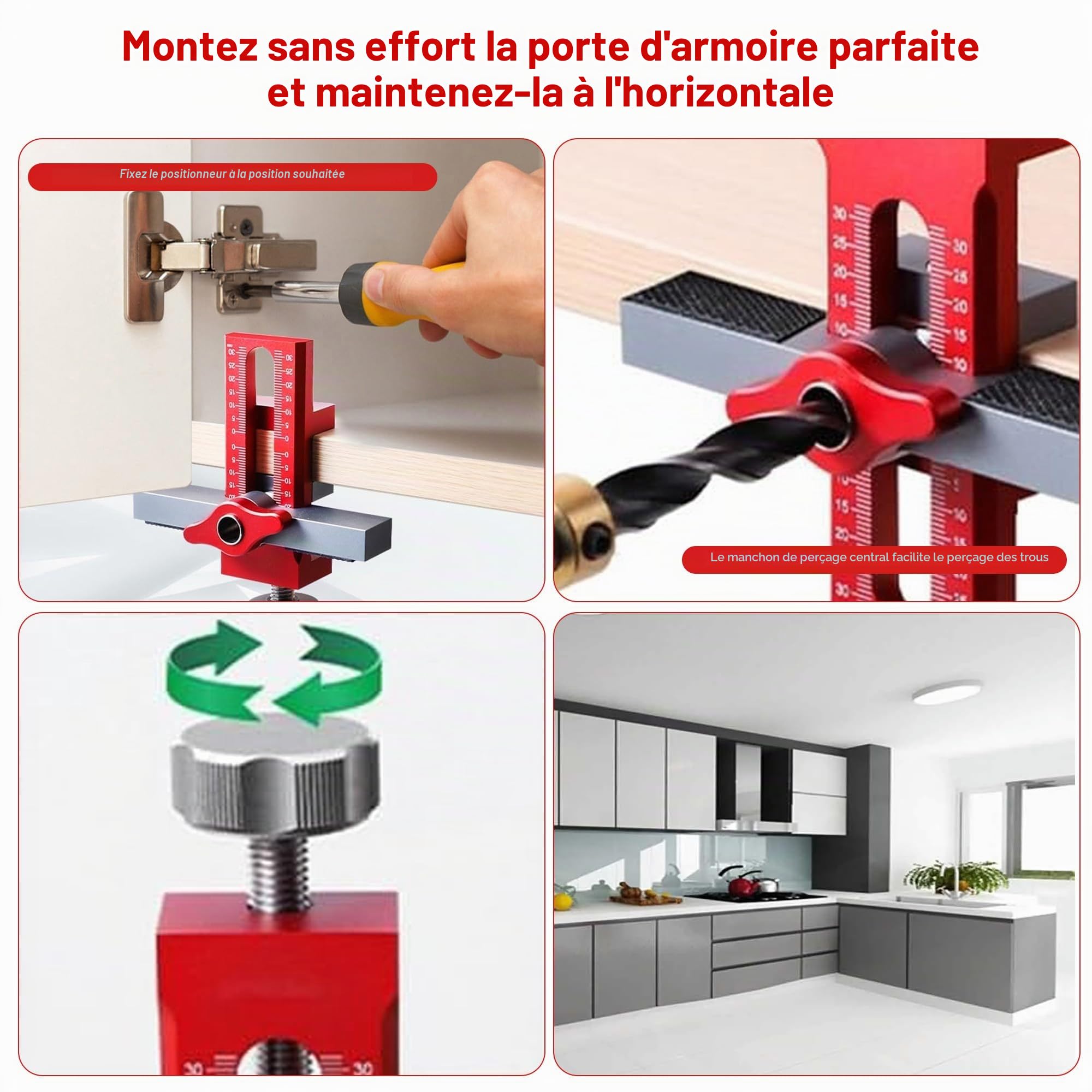 Outil de positionnement de porte d'armoire réglable : robuste et facile à utiliser Positionneur d'installation de porte d'armoire pour le travail du bois l'installation de portes d'armoires (rouge)