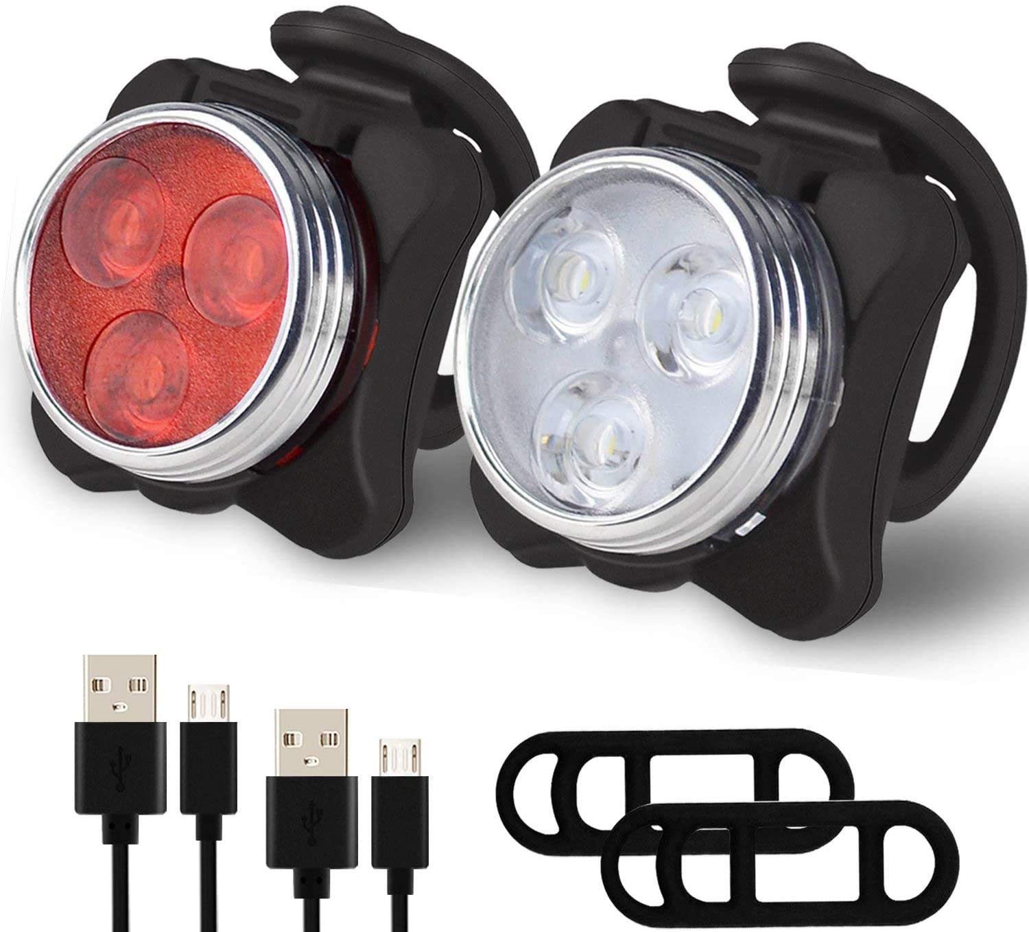 Elf Cat USB Rechargeable Bike Light Set,Super Bright Front Headlight and Rear LED Bicycle Light,650mah Lithium Battery,4 Light Mode Options(2 USB cables and 2 Strap Included)