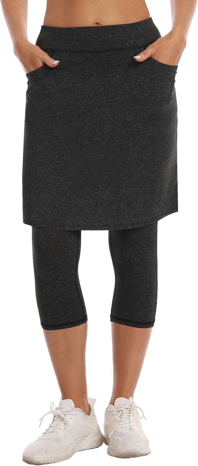 HOKOYI Modest Skirt with Leggings Attached for Women Workout Knee Length Swim Capri Pants with 2 Pockets