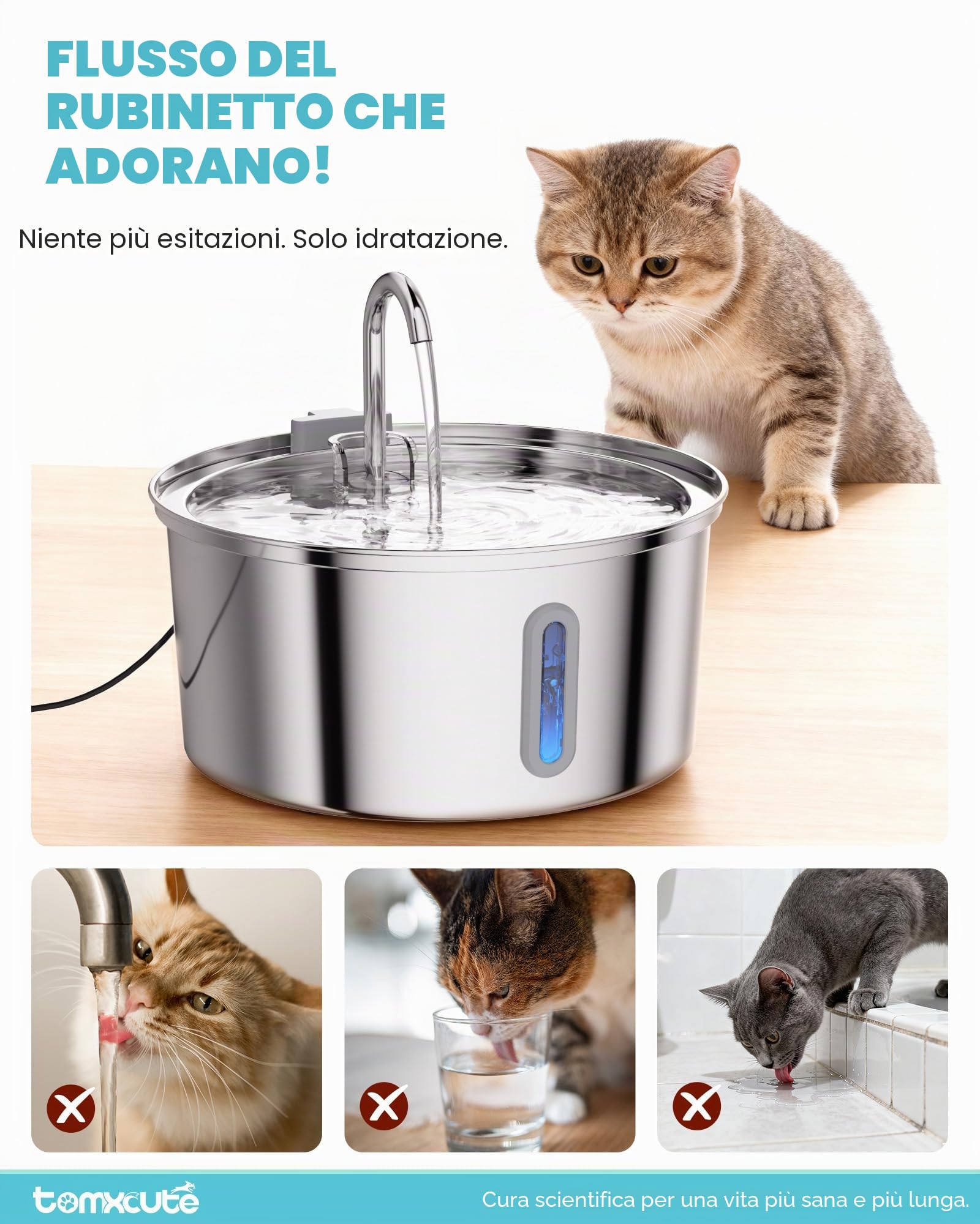 TOMXCUTE 3,2 litri Fontana Per Gatti, Fontanella per Gatti In Acciaio Inossidabile, a Forma di Rubinetto, Lavabile in Lavastoviglie, Pompa Silenziosa, Doppio Filtro