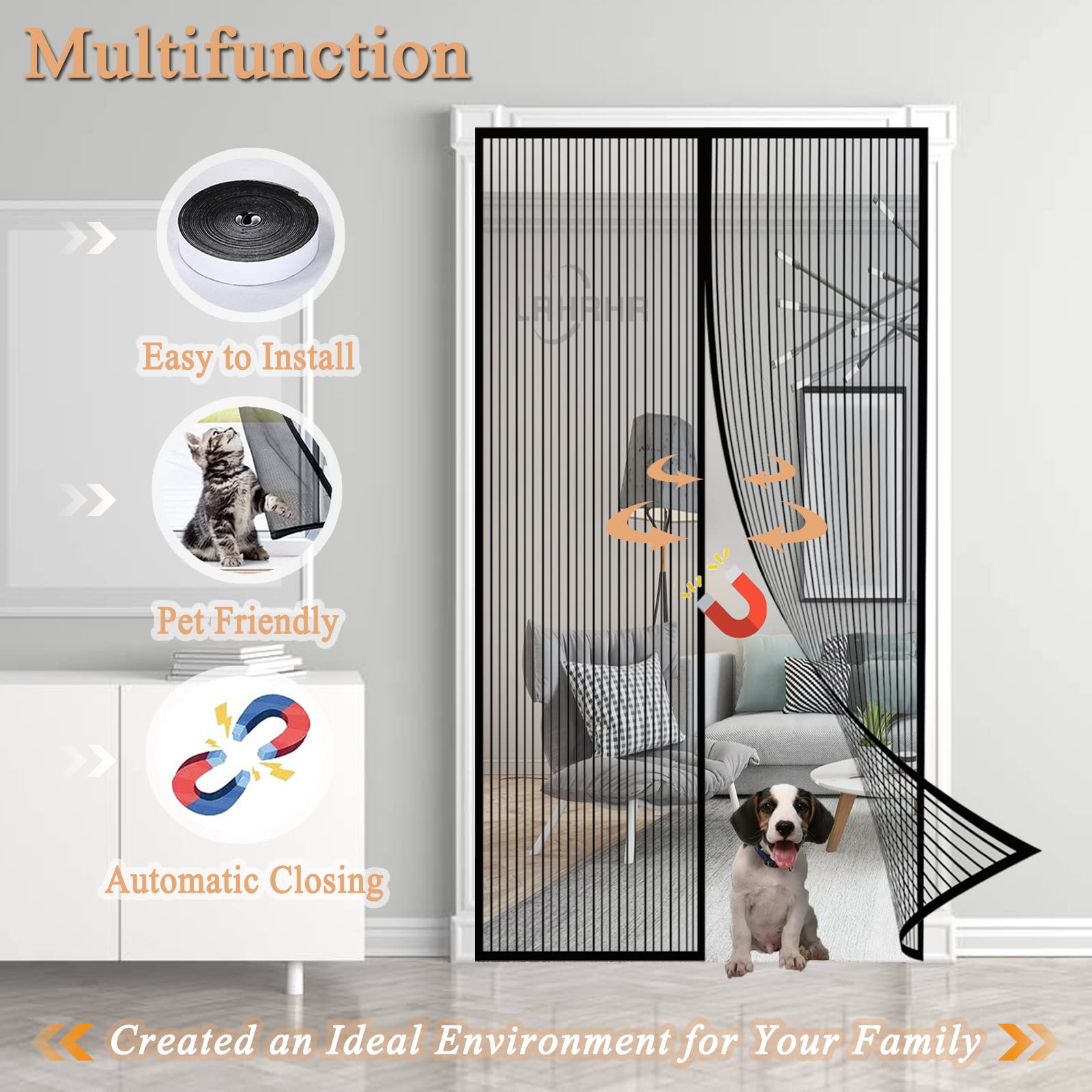 Magnet Fliegengitter Tür, Insektenschutz Balkontür Auto Schließen Magnetische Adsorption, ohne Bohren, für Balkon Wohnzimmer Türen-Black-A|| 110x230cm(43x90inch)