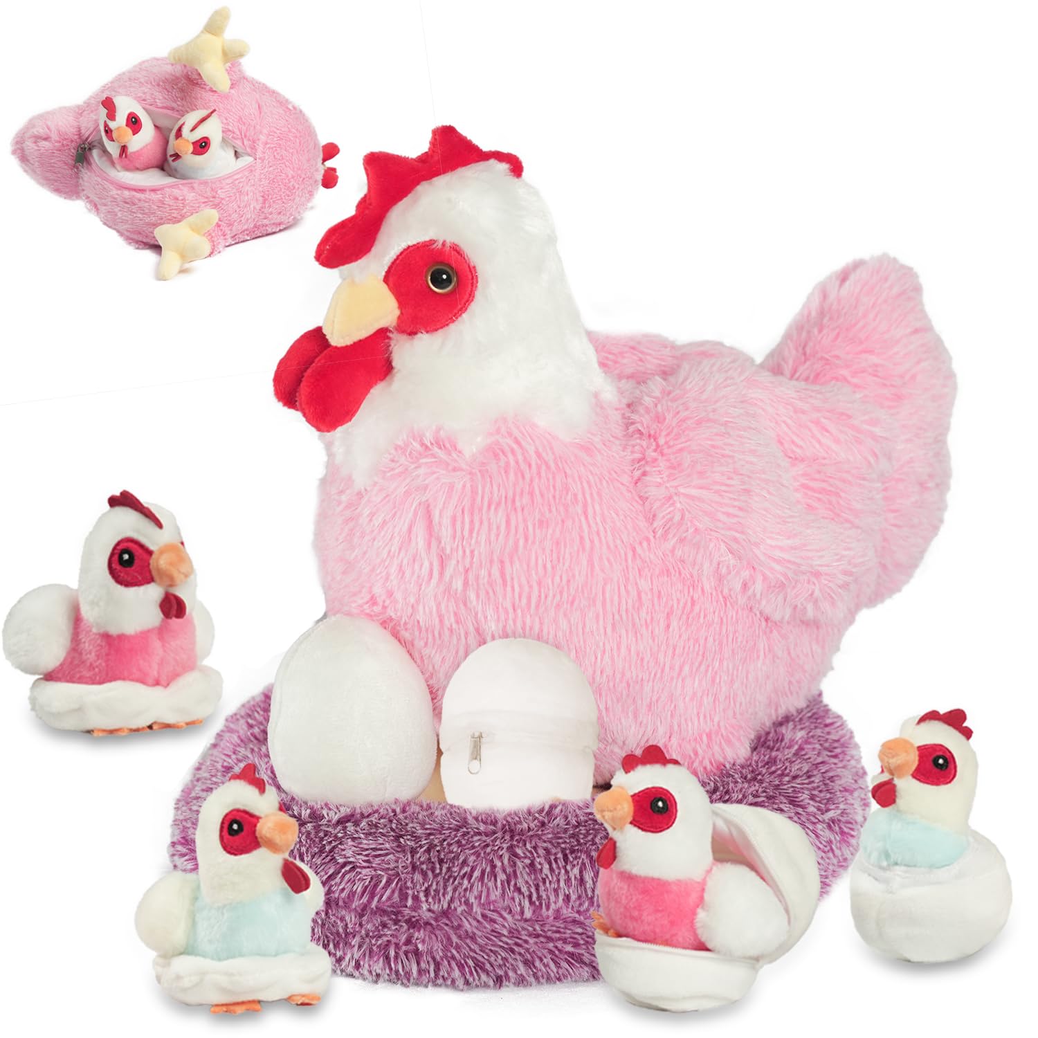 Youthfuljive 9 in 1 Chicken Stuffed Animal Set, Stuffed Chicken Plush Toys Zippered Egg Laying Hen with Baby Chicks Plush Chickens, Eggs and Coop for Kids Girls Boys Birthday Easter Stuffers Gifts