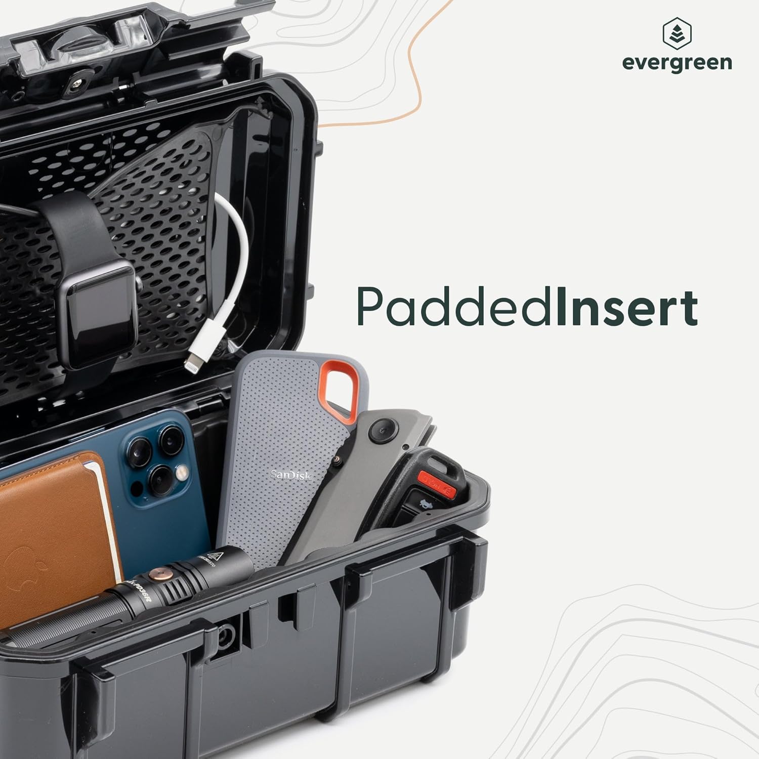 Evergreen Dry Box Tech Organizer – For Camera, Cables, Hard Drives, Memory Cards, Keys, Compatible with GoPro, Airtags (Large, Rubber Boot, Black)