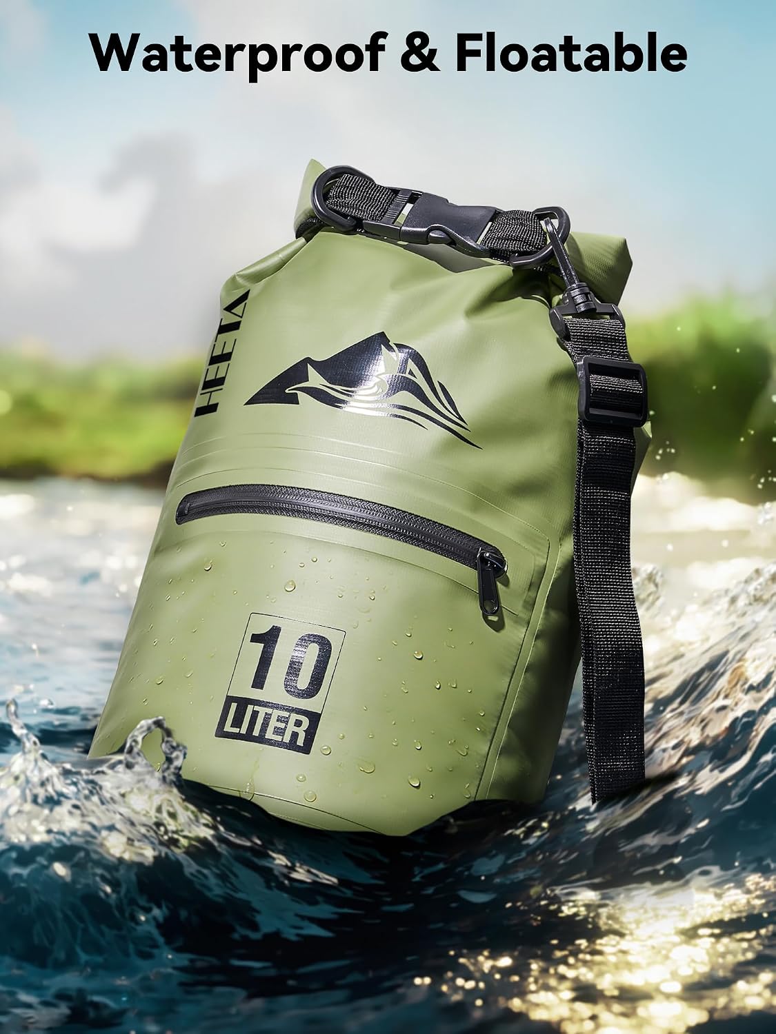 HEETA Waterproof Dry Bag with Front Zippered Pocket for Women Men, 5L/10L/20L/30L/40L Roll Top Lightweight Dry Storage Bag Backpack for Travel, Kayaking, Boating, Rafting, Camping, Hiking & Beach