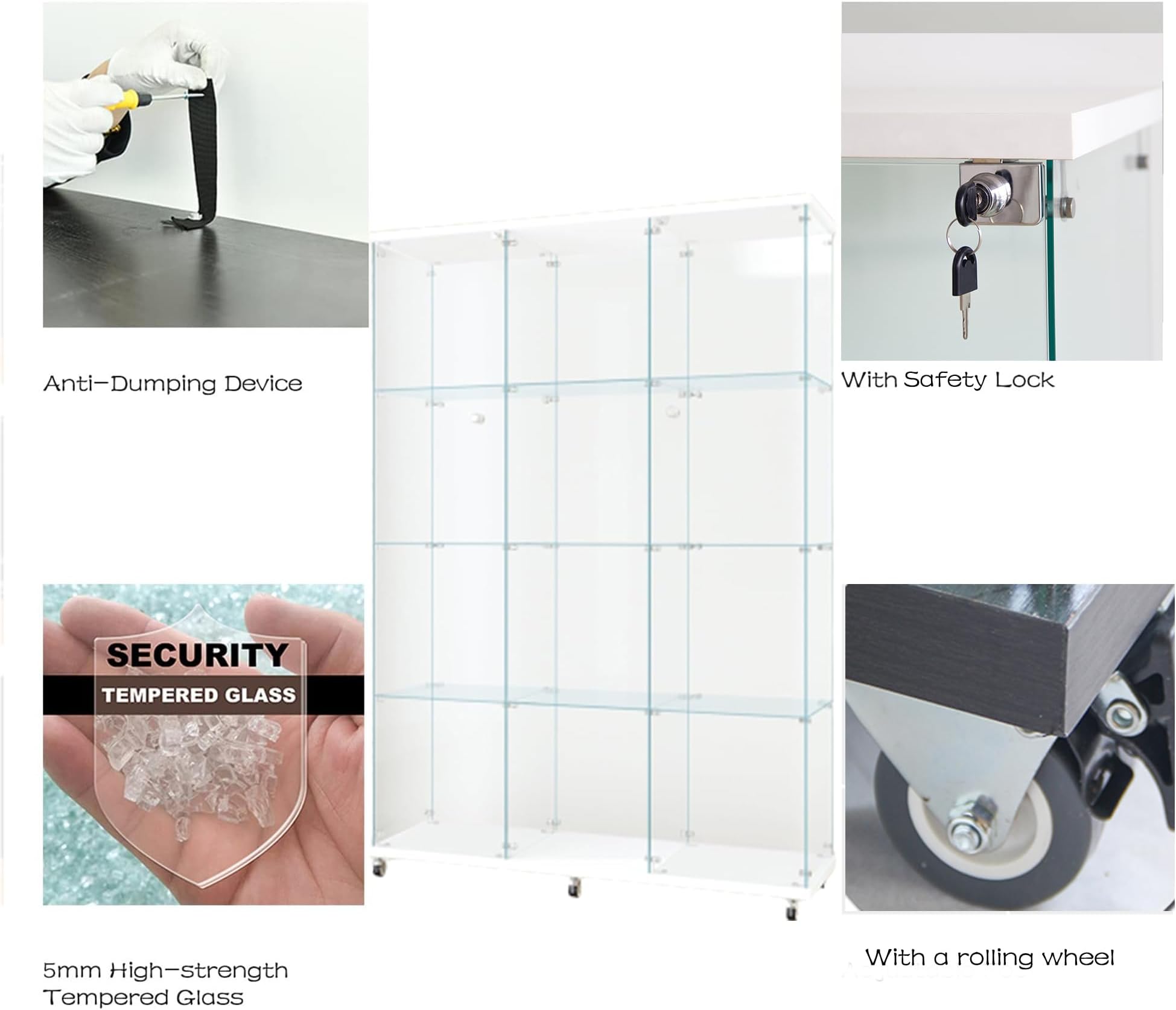 Shengrunner Frameless Glass Display Cabinet, Curio Cabinet Display Case with Locks and Hinged Doors, Quick-Install Floor Standing Large Showcase Display Shelf for Collectibles, Legos, Figures, Plants