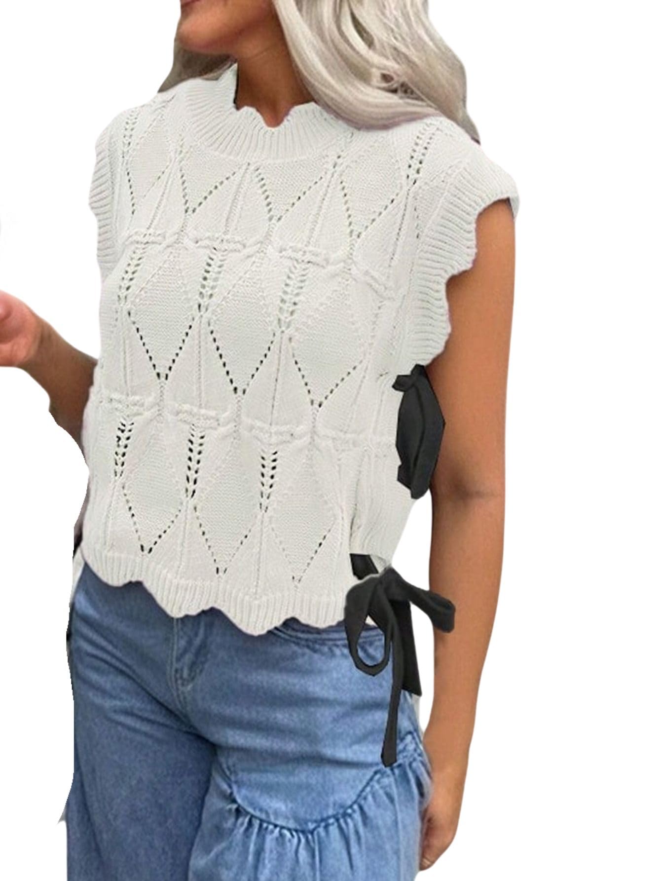 Verdusa Womens Coquette Bow Tie Sweater Vest Summer Sleeveless Crop Knit Tops