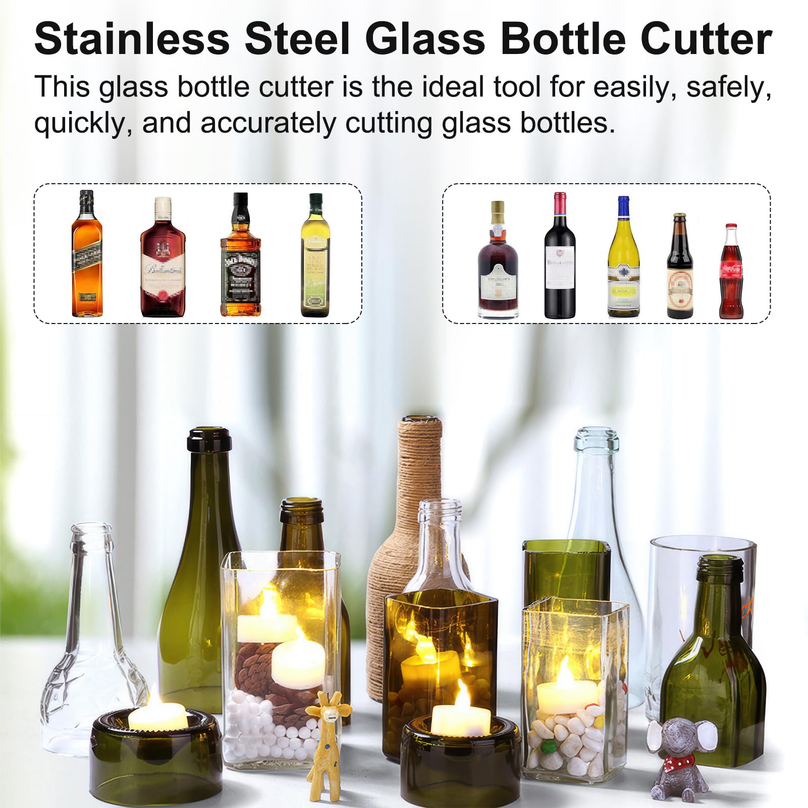 Lot de 19 coupe-bouteilles en verre - Kit DIY pour couper avec précision des bouteilles rondes carrées - Diamètre : 3,5 à 14 cm - Coupe-bouteilles en verre - Avec papier abrasif