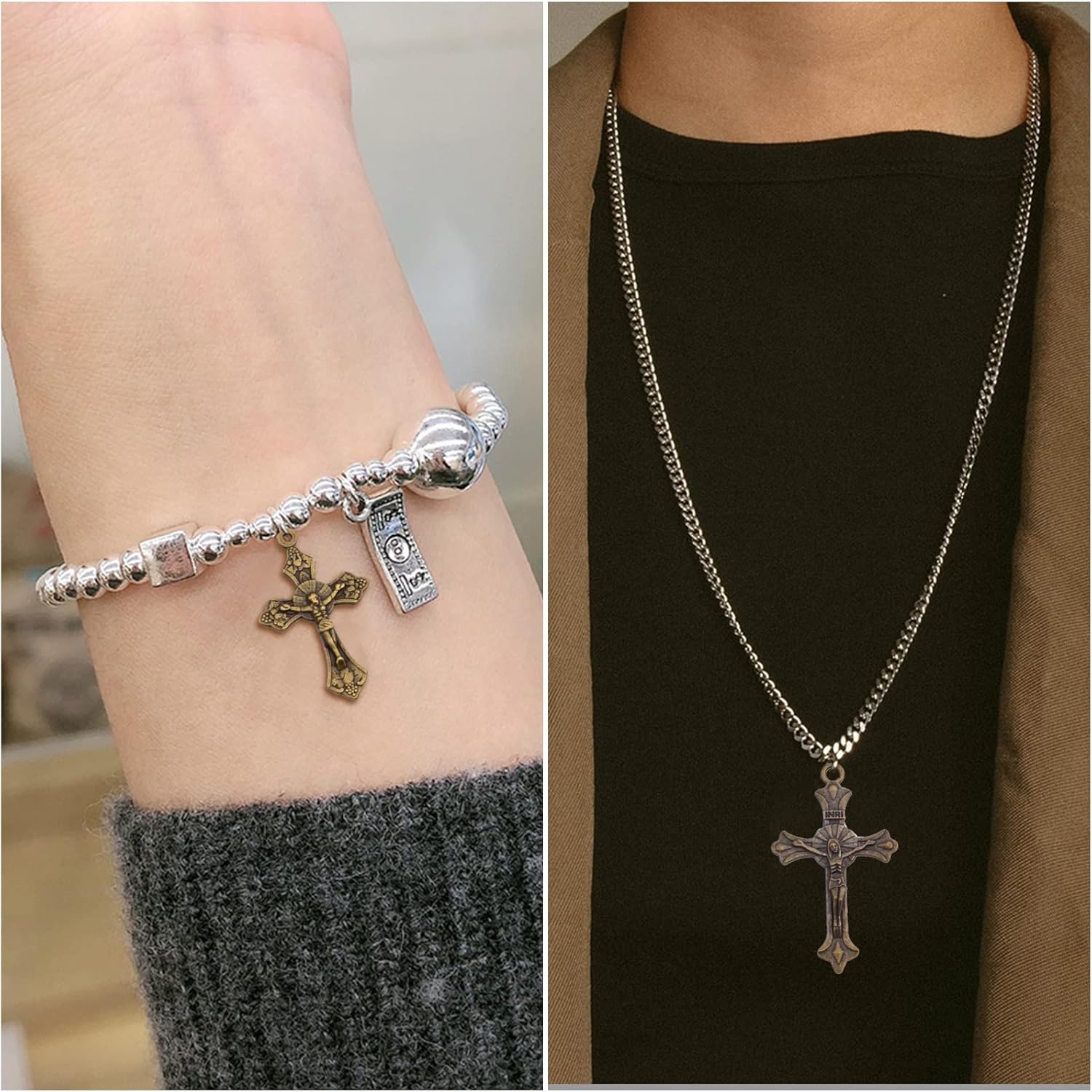 40pcs 4 Styles Tibetan Alloy Rosary Cross and Center Mary Miraculous Medal Jesus Crucifix Cross Charms and Oval Chandelier Links for Catholic DIY Jewelry Making, Antique Bronze - Image 5