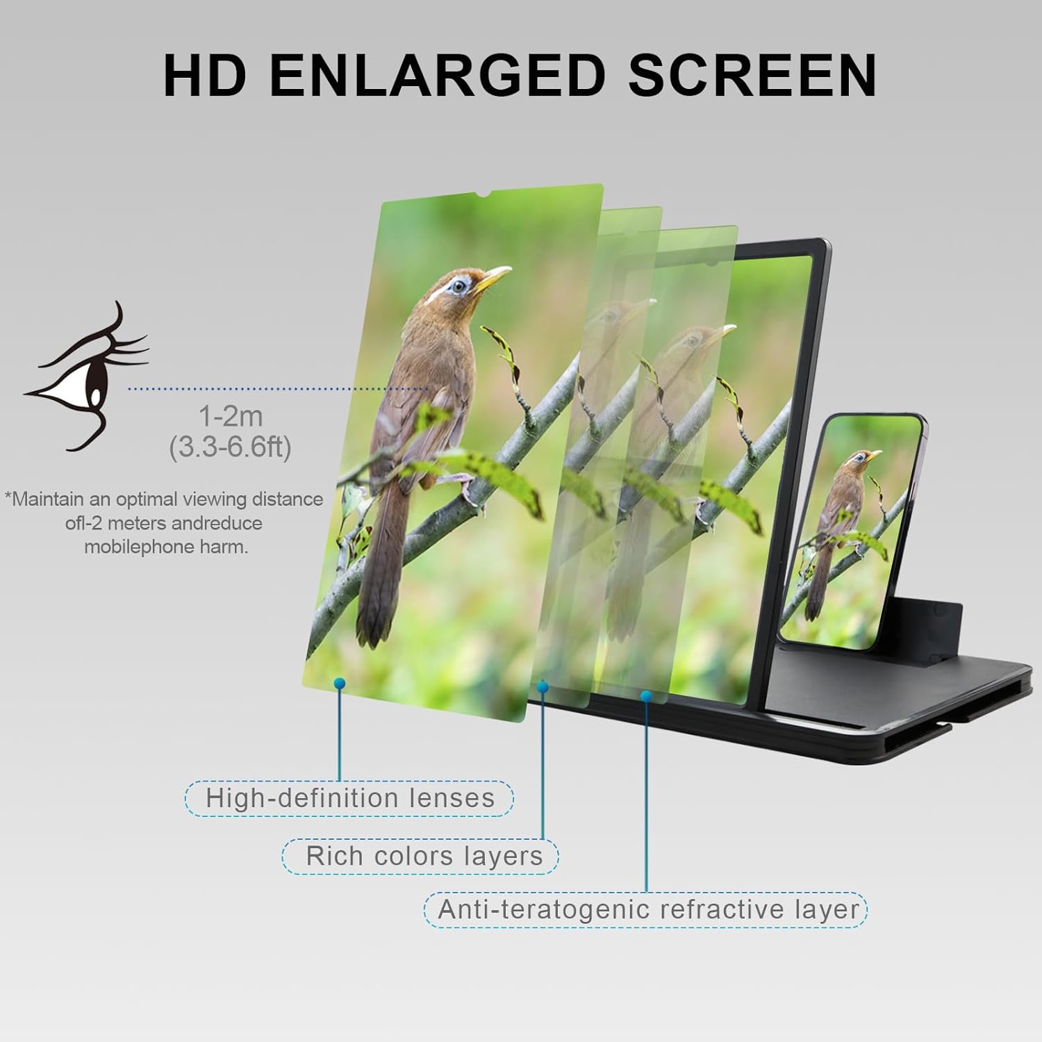 14" Screen Magnifier for Cell Phone, 3D Foldable Phone Stand Screen Enlarger, Mobile Phone Screen Amplifier, Eye-Caring for Browsing Video and Watching Movies, Reading Books(Black, 14 Inch)