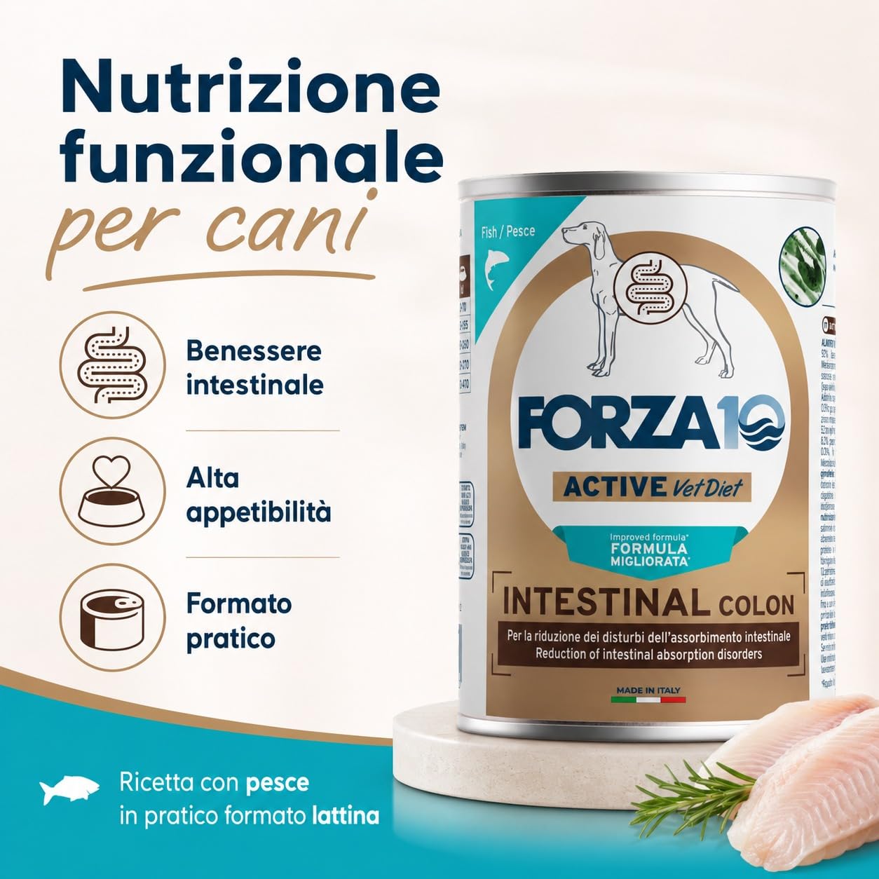 Intestinal Colon Pesce – Forza10 Diet Cibo Umido per Cani Adulti di tutte le Taglie e Razze, Monoproteico, per la riduzione dei disturbi intestinali, 6 Lattine x 400g, Alimento Completo.