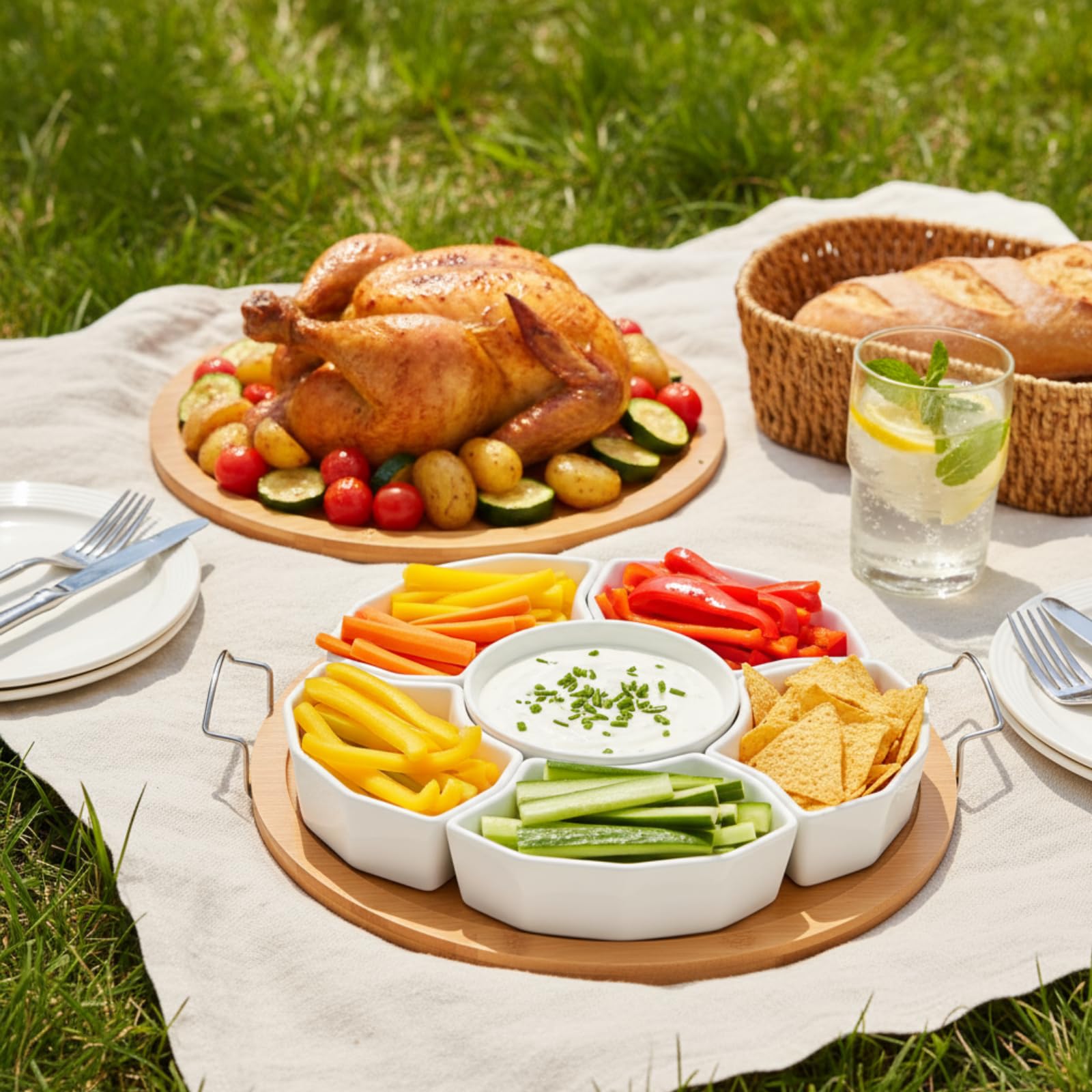 ZENFUN Plateau de Service et Plateau de 27,9 cm avec Plateau en Bambou, 6 Compartiments Amovibles, pour Frites, Fruits, Condiments