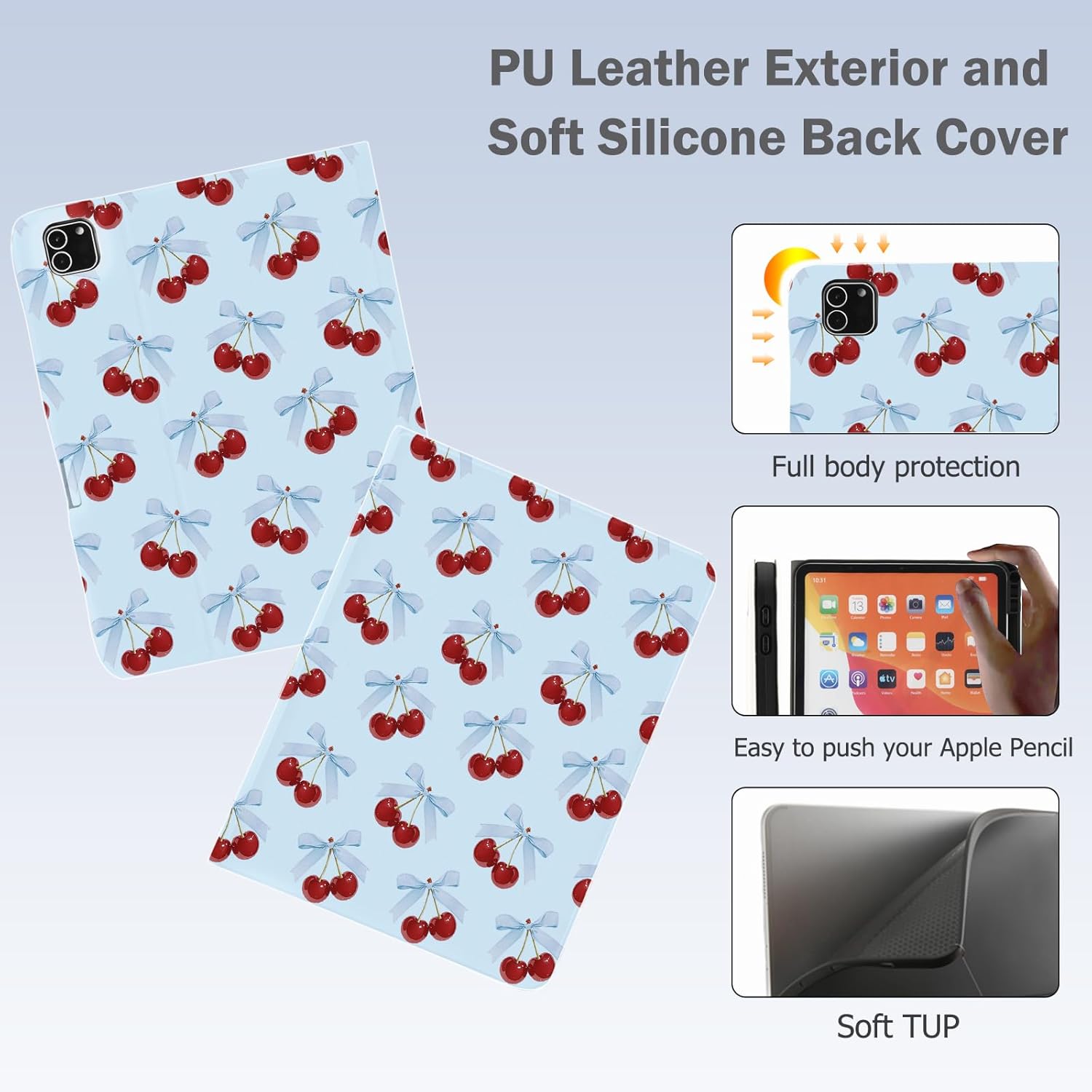 Cute Kawaii Cherry Bow for iPad mini 7 A17 Pro 2024/iPad Mini 6 Case with Pencil Holder, Auto Sleep/Wake and Multiple Viewing Angles, Blue Leather Soft TPU Back Cover
