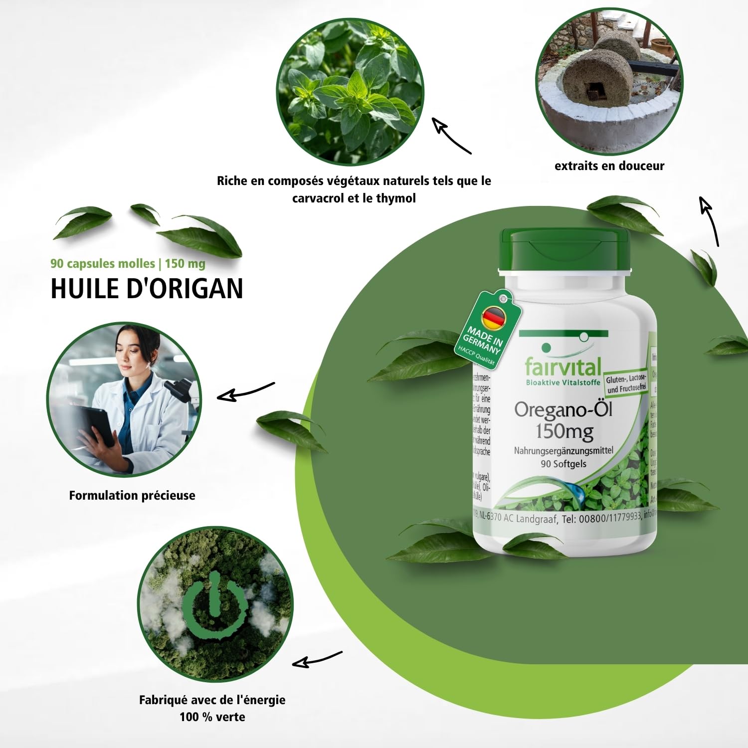fairvital Gélules d'huile d'origan 150mg, 90 gélules molles, faciles à avaler, HAUTEMENT DOSÉES, extrait d'huile d'origan 10:1, Origanum vulgare