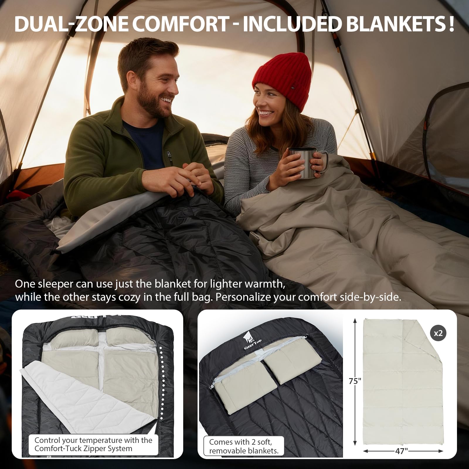 GEERTOP Sac de couchage double pour 2 personnes - Pour adultes - Pour le camping, le tourisme et la randonnée - Avec deux taies d'oreiller et couettes