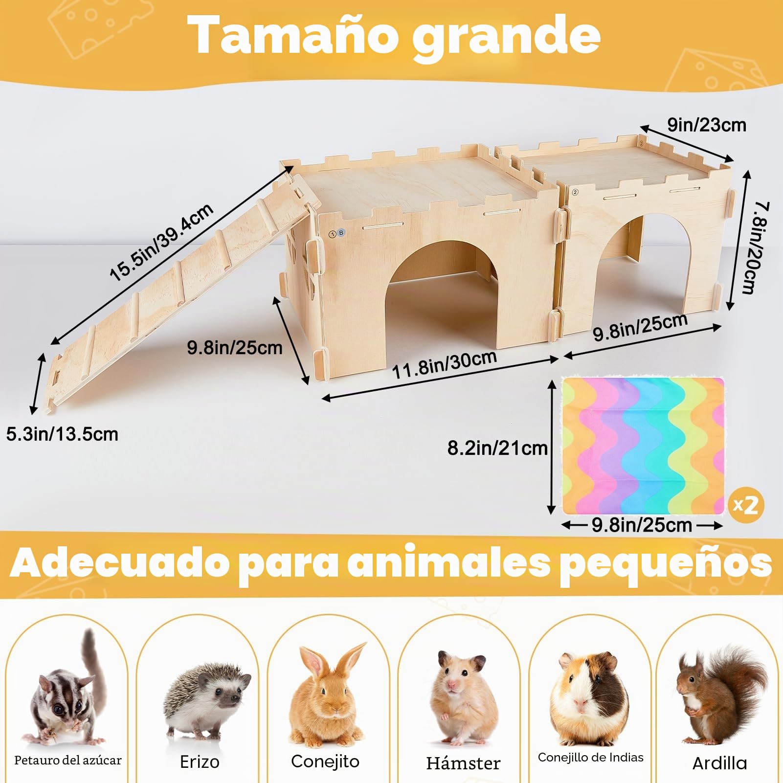 Casita de Madera para Cobayas, Casa Refugio para Pequeños Animales con Rampa y Varias Puertas
