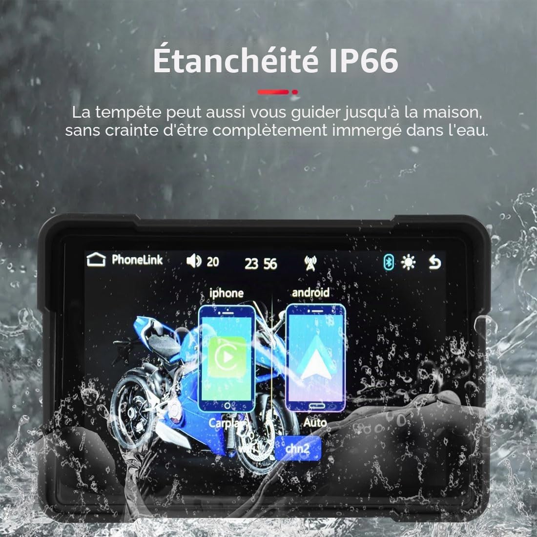 Écran Tactile Portable de 5 Pouces pour Moto, écran Tactile sans Fil CarPlay et Android Auto, Double Bluetooth, étanche IP66, Prend en Charge Siri et G-oogle Assistant