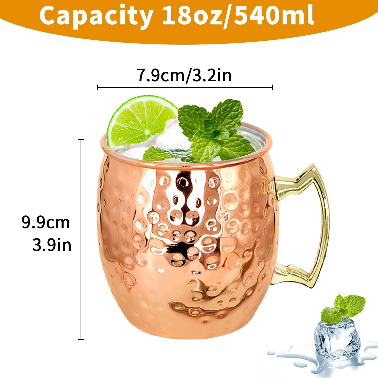 Moscow Mule Lot de 8 tasses avec doseur de 15 cl en acier inoxydable plaqué cuivre 540 ml Parfait pour les boissons froides