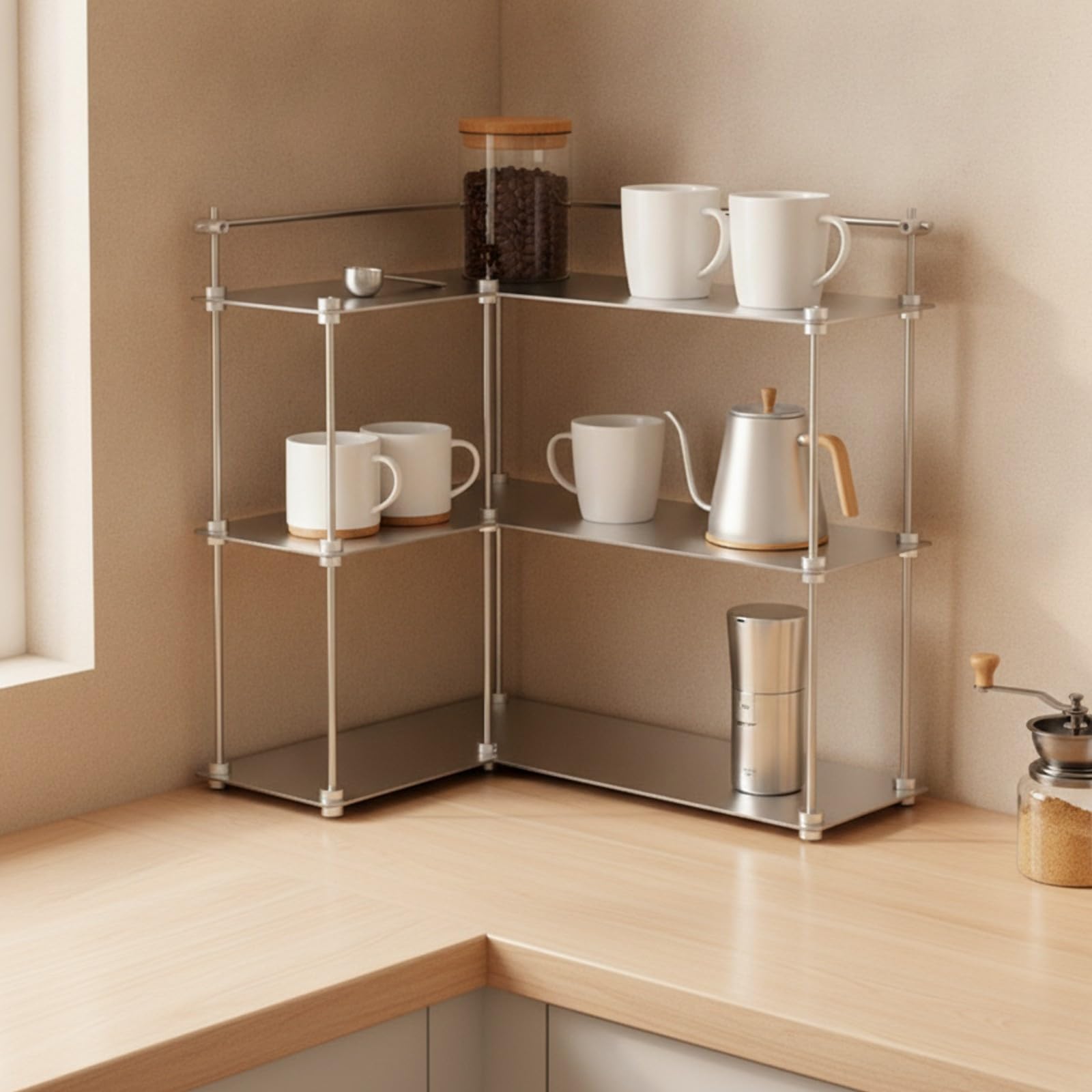 Étagère à 3 Niveaux Robuste Stable, Multifonctionnelle, Étagère Rangement en Acier Inoxydable, café