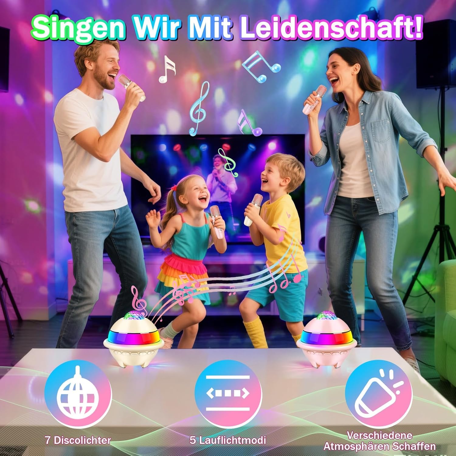 JONRRYIN Zestaw do karaoke z 2 mikrofonami, przenośna maszyna do karaoke Bluetooth dla dzieci ze światłem dyskotekowym i 5 efektami dźwiękowymi, głośnik Bluetooth dla dzieci, muzyka, prezent na Boże