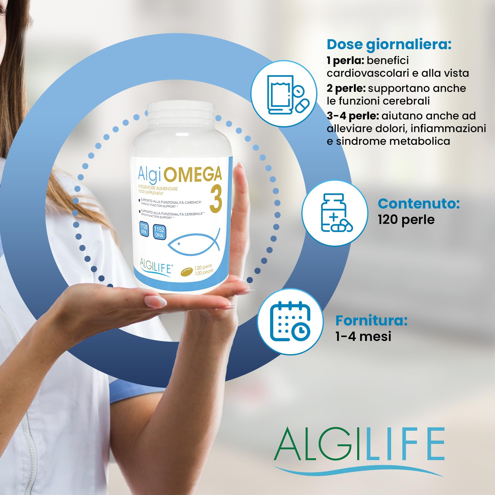Omega-3 ALGILIFE (120 Perle, scorta 1-4 mesi), Omega 3 per cani e persone, Omega3 1200mg, Olio di Pesce Omega 3 Capsule, 432 EPA e 288 DHA con Vitamina E 5mg, Omega 3 Ifos