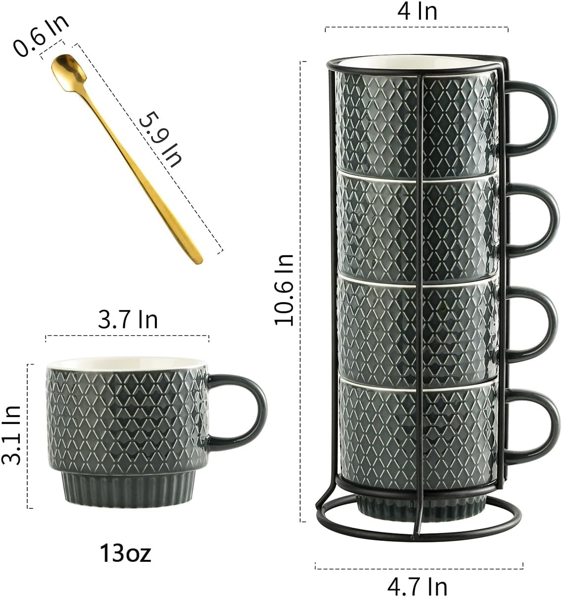Gomakren Coffee Mugs Set of 4, 13 Ounce Stackable Coffee Mug Set with Stand, Valentine Stoneware Coffee Cup with Spoon for Coffee, Milk, Tea, Cocoa, Grey - Image 4