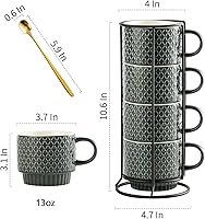 Vista 4 de Gomakren Juego de Tazas de Café de 4 Piezas, Juego de Tazas de Café Apilables de 13 Onzas con Soporte, Taza de Café Navideña de Gres con Cuchara Gris
