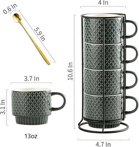 Miniatura 4 de Gomakren Juego de 4 tazas de café apilables de 13 onzas con soporte, taza de café de gres de Navidad con cuchara para café, leche, té, cacao, gris