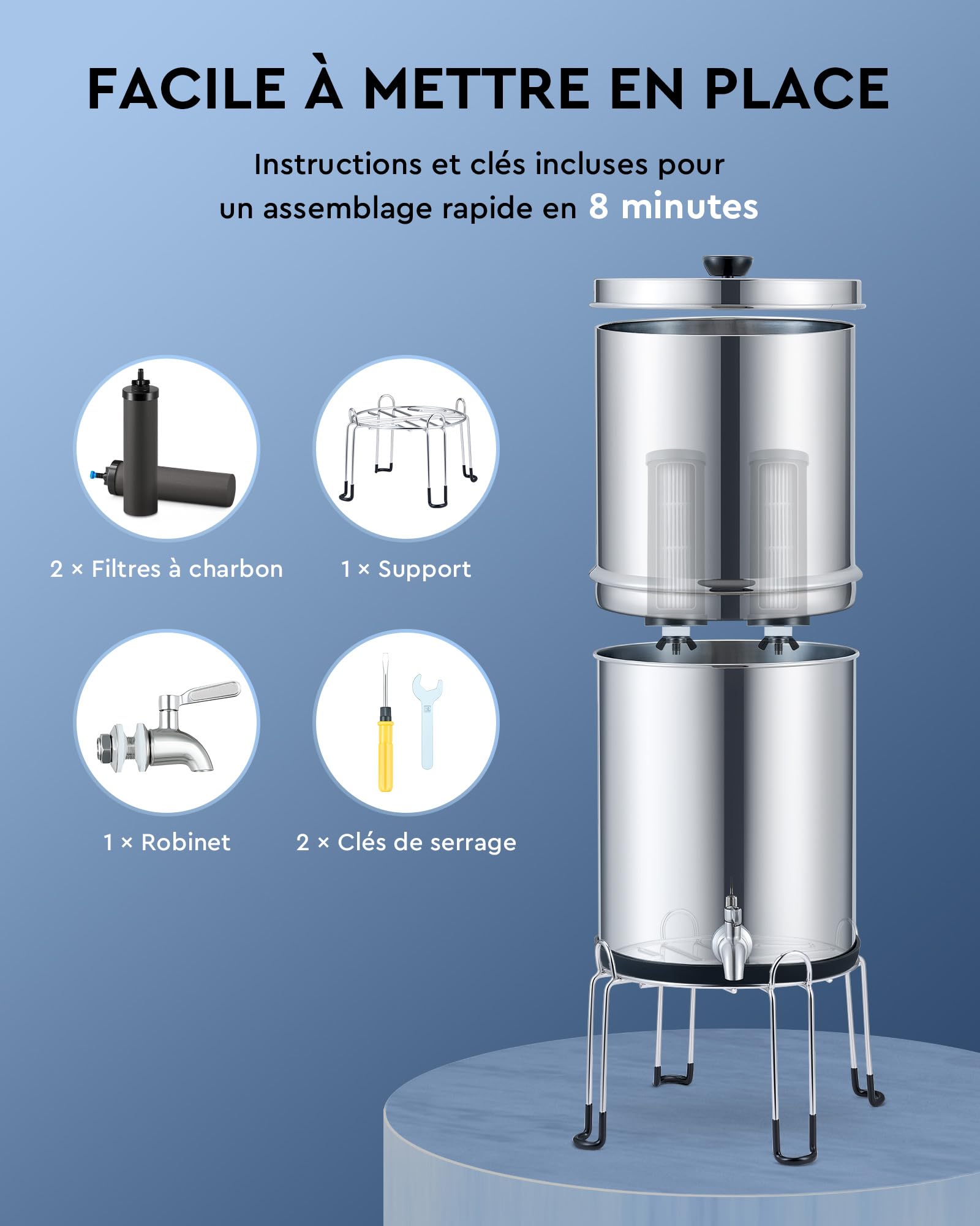 CO-Z 8,5L Système de Filtration d'Eau par Gravité en Acier Inoxydable 304 Purificateur d'Eau avec 2 Filtres à Carbone Robinet d'Eau Support Inclus, Certification NSF/ANSI 42