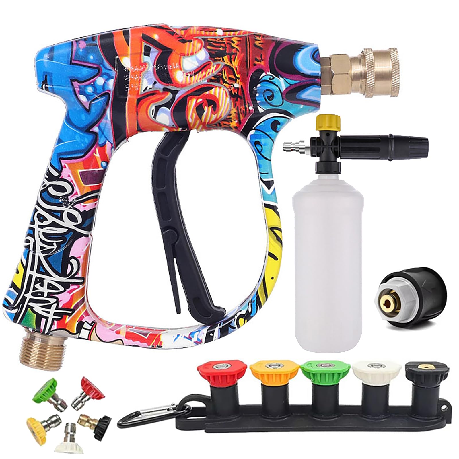 Juego de pistola de lavado de alta presión, 5 boquillas de pulverización y olla de espuma, lavado a chorro de liberación rápida con conectores de 1/4 pulgadas, 3000 PSI para limpieza de coche, patio