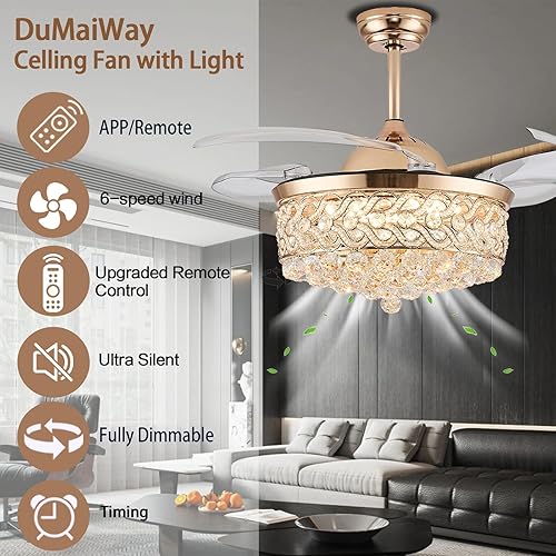 Miniatura 2 de DuMaiWay Ventilador de techo de cristal de 48 pulgadas con luz y control remoto, ventilador de araña de cristal LED regulable de 6 velocidades,