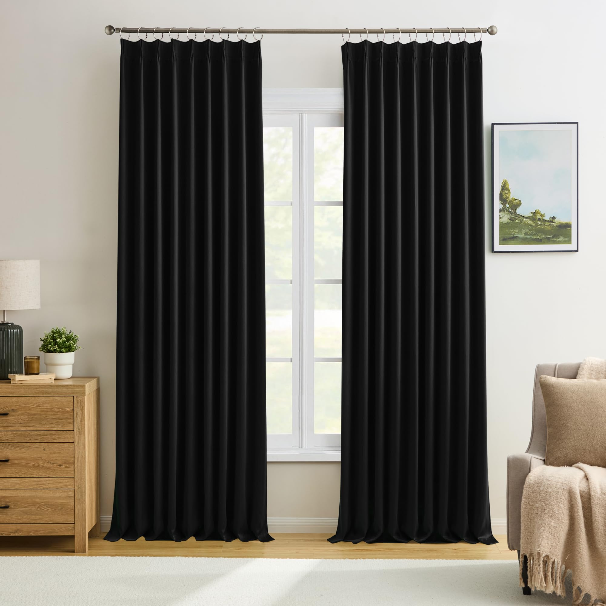 KEQIAOSUOCAI Vorhänge, plissiert, 152,4 cm breit, wärmeisoliert, Geräuschunterdrückung, Wohnzimmer, Büro, Vorhänge, 244 cm lang, Terrassen-Schiebetür, Fenster, Vorhang, 2 Paneele, Schwarz