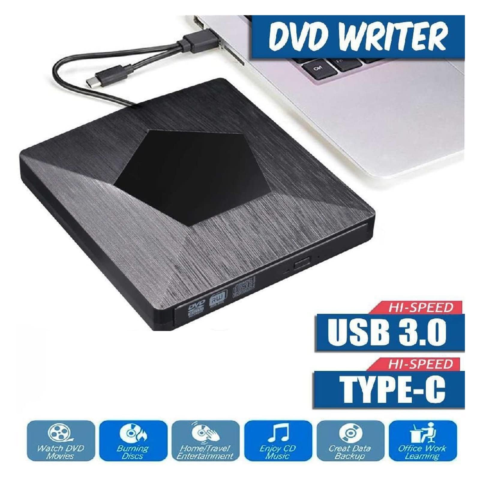 Zewnętrzny napęd DVD napęd optyczny USB/typ C odtwarzacz CD ROM nagrywarka CD-RW nagrywarka czytnik przenośny rejestrator przenośny do laptopa do samochodu i dzieci