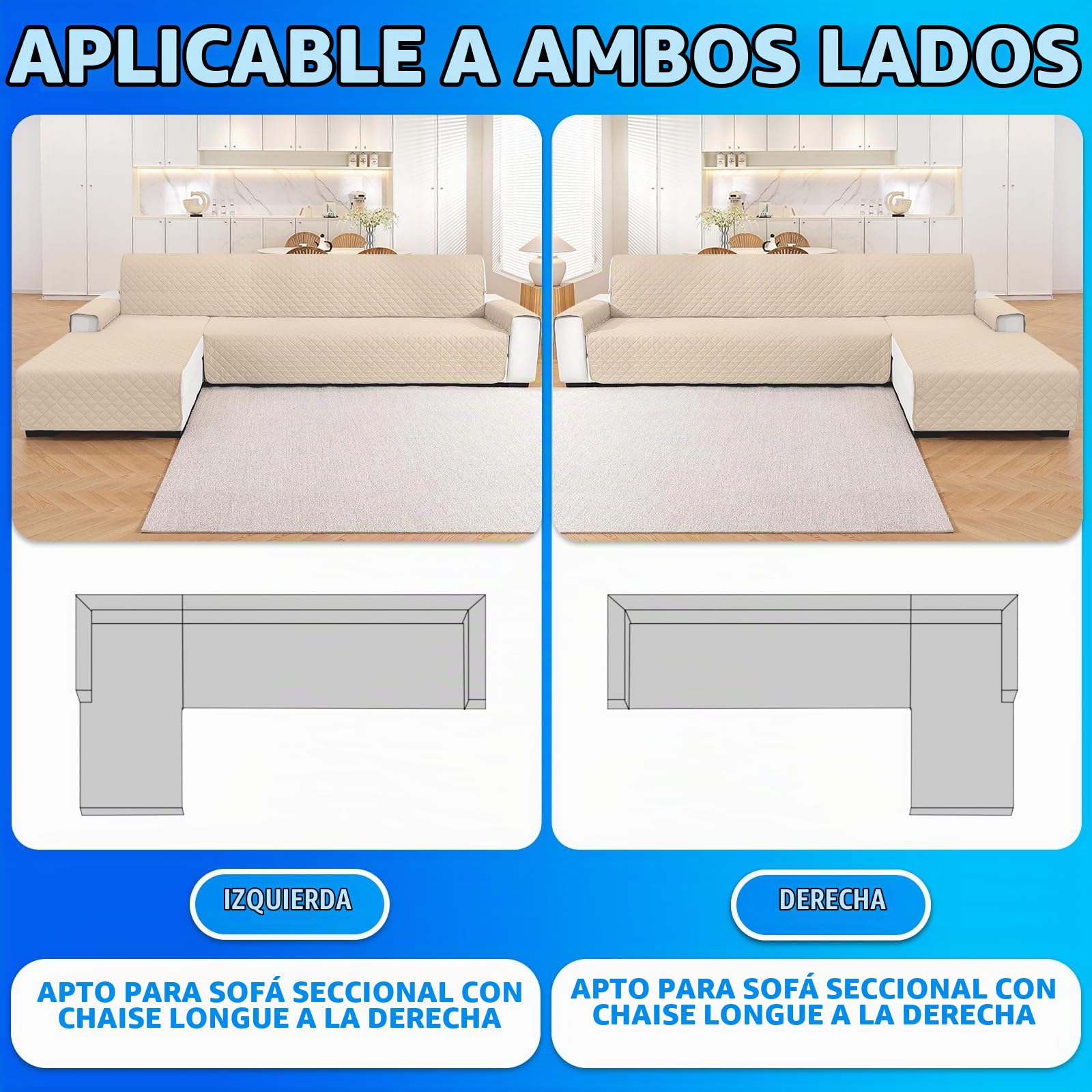 Impermeable Funda Sofa Chaise Long 4 Plazas, Funda Chaise Longue Derecho/Izquierdo Reversible, Universal, Ajustables, Antideslizante, Lavable, para Gatos Perros, Beige