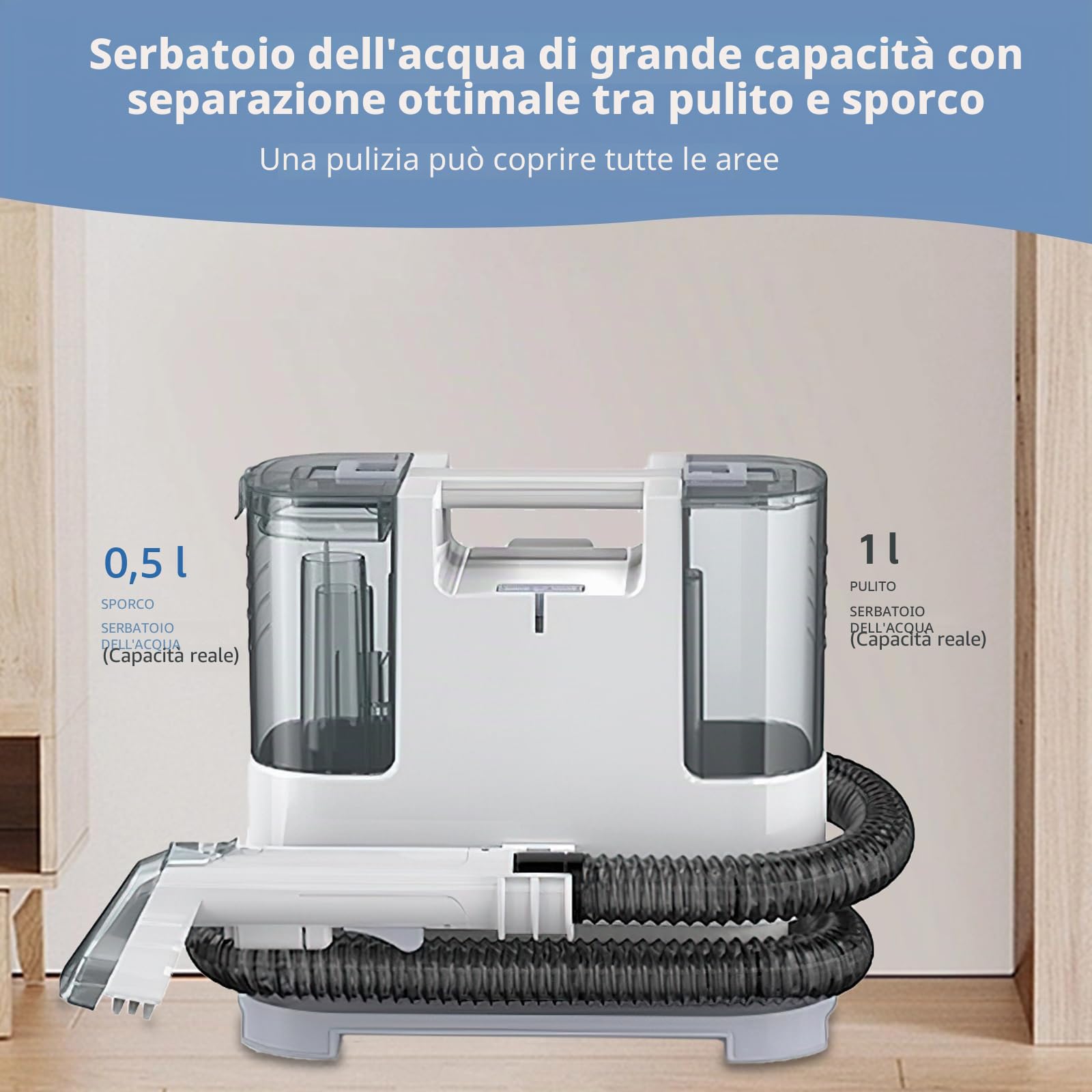 Pulitore a vapore compatto per tappeti e divani, potente motore da 400 W, 2 serbatoi d'acqua extra grandi, adatto per tutti i tipi di tessuto