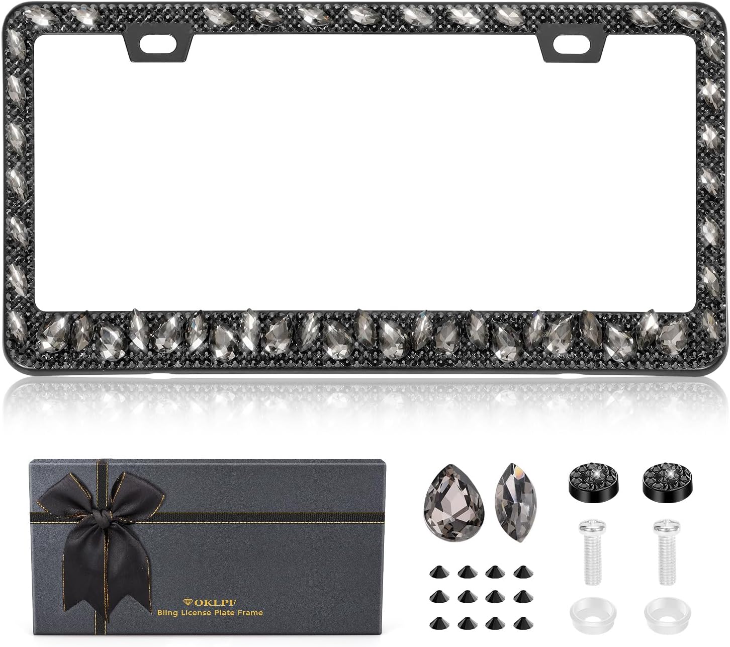 OKLPF Rhinestone Bling License Plate Frames for Women - Sparkle with Glitter Crystals & Diamond Bedazzled License Plate Cover, Fits Standard US Plates, Comes with Anti-Theft Screws & Gift Box(Black)