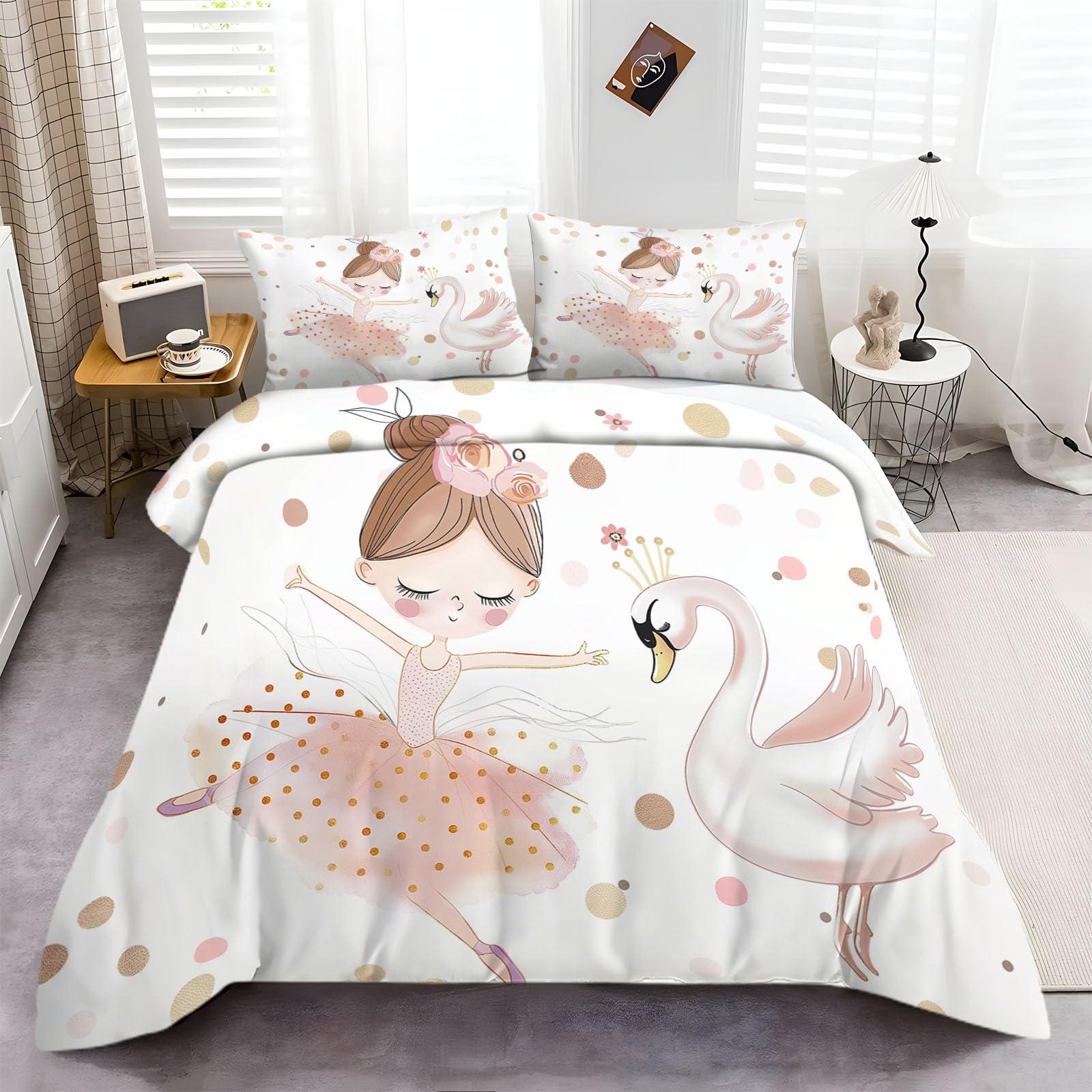 Juego de Funda Nórdica 3 Piezas Infantil para Cama 90 Caricatura Bailarina Cisne Juego de Funda de edredón 150x200 cm, Fundas de Cama de Polialgodón Suave Fundas Nórdicas