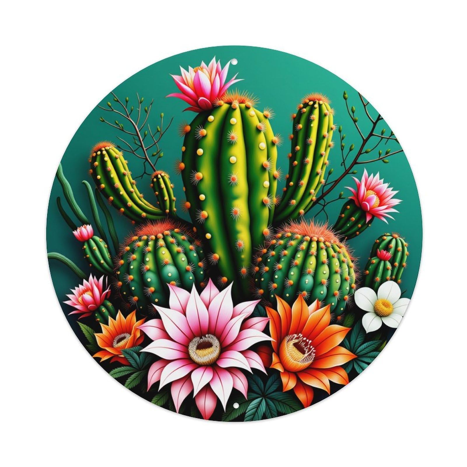 Cactus Flowers Desert Greenery Vibrant Round Tin Sign Vintage Metal Poster, Home Bar Garage Man Cave Cafe Indoor & Outdoor Wall Decoration 8x8Inches
