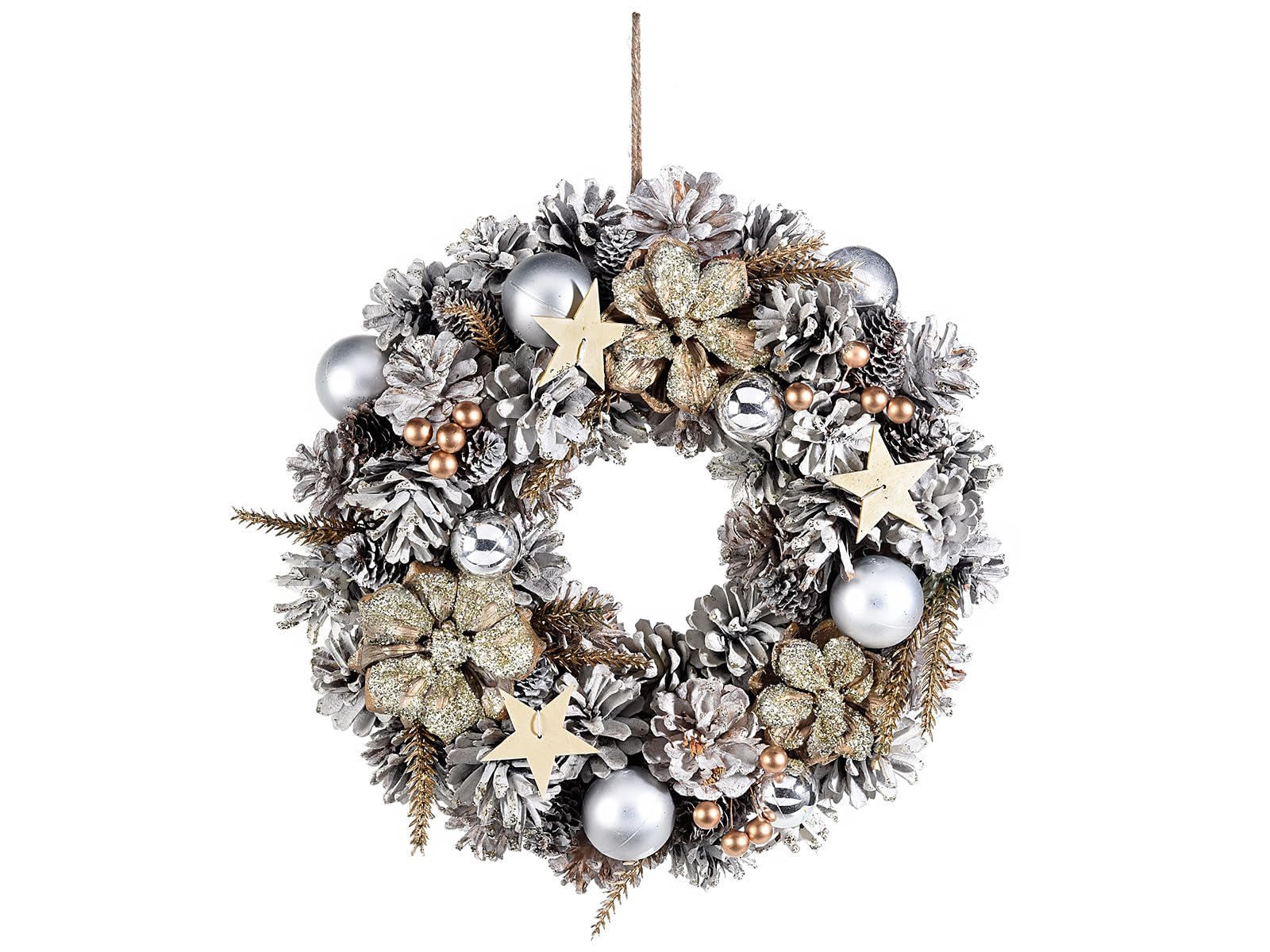 Ghirlanda Natalizia Argento e Oro con Pigne, Stelle e Sfere Decorative – Decorazione per Porta o Parete – Addobbo Natalizio Elegante con Glitter Ø 30 cm - Interna: Ø 7 cm