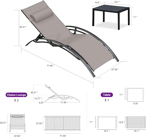 Miniatura 104 de PURPLE LEAF Juego de tumbona para patio, sillón al aire libre, playa, piscina, tumbona para tomar el sol, tumbona reclinable, sillas de bronceado