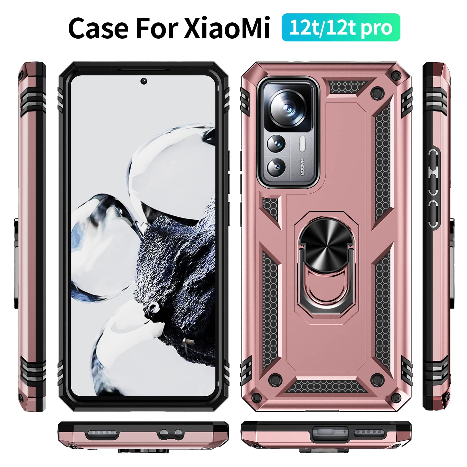 RanTuo Custodia per Xiaomi 12T PRO Cover, TPU + PC 2 in 1 Doppia Protezione, Antiurto, Resistente ai Graffi, con Sede a Staffa, Cover per Xiaomi 12T PRO.(Oro Rosa