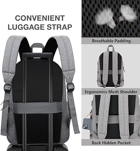 Miniatura 6 de Mochila informal ligera para laptop con puerto de carga USB para hombres y mujeres, mochila escolar para adolescentes y universidad, gris