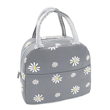 Insulated Lunch Bag Women Girls, Reusable Cute Tote Lunch Box for Adult & Men, Leakproof Cooler Lunch Bags for Work Office Travel School Picnic (Grey with White Daisy)