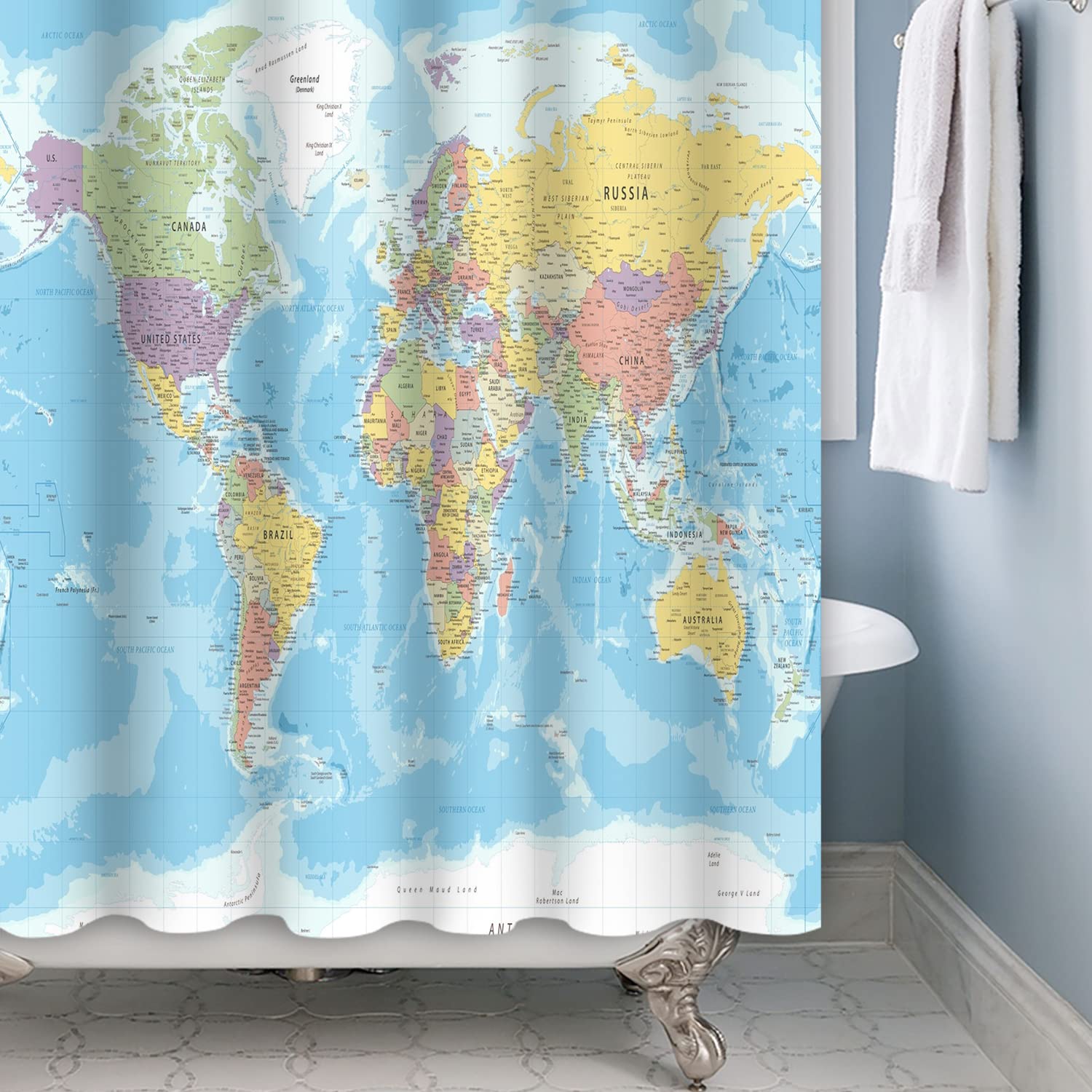 180x198cm Mondo Carta geografica Tenda da doccia Paesi e Città Geografia Educativo Tenda da bagno per bambini Blu Oceano Continenti Tenda da doccia Tessuto Impermeabile per Bagno con ganci