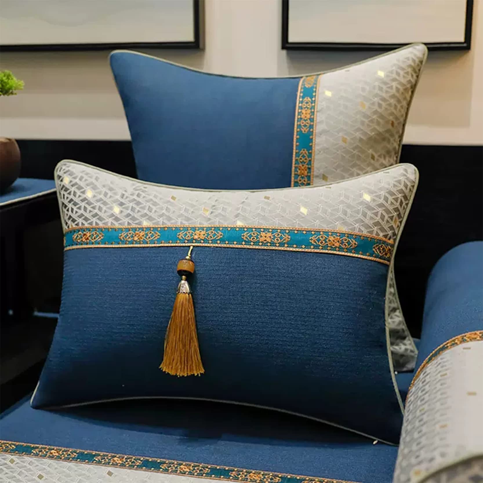 Juego de 2 Fundas Decorativas para Cojines Jacquard Throw Pillow Covers Algodón Lino Rombo Square Grid Stitching Fundas de Almohada Sala de Estar Sofá Decoración,Blue A-40x60cm