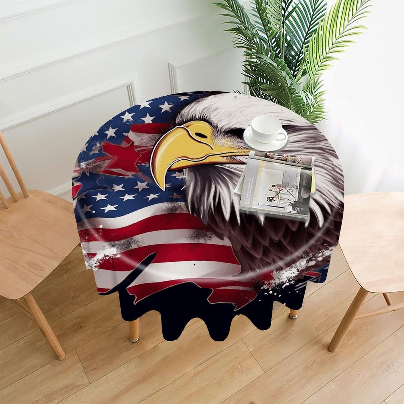 FekiLoot America US Flag Bald Eagle Round Tablecloth Cover 60 Inch Wrinkle Free Washable Polyester Fabric Table Cover Decorative Round Table Cloth for Home Dining Kitchen Party Farmhouse