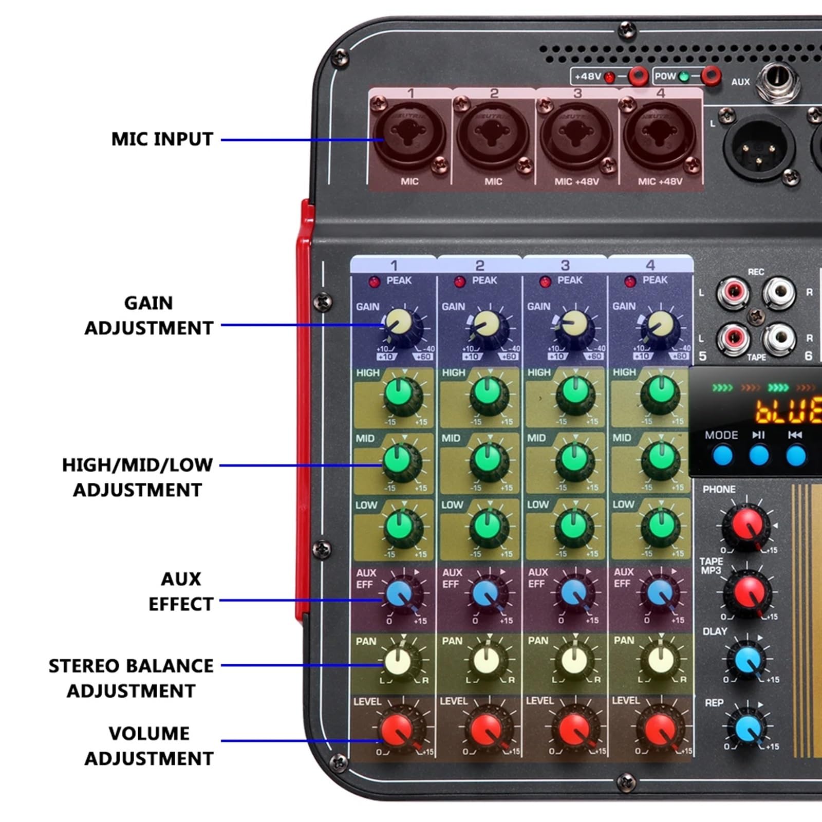 DJ-Controller 6-kanal Mischpult Audio Mixer Outdoor Konferenz Audio USB Bluetooth-kompatibel Reverb Audio prozessor Soundkarte